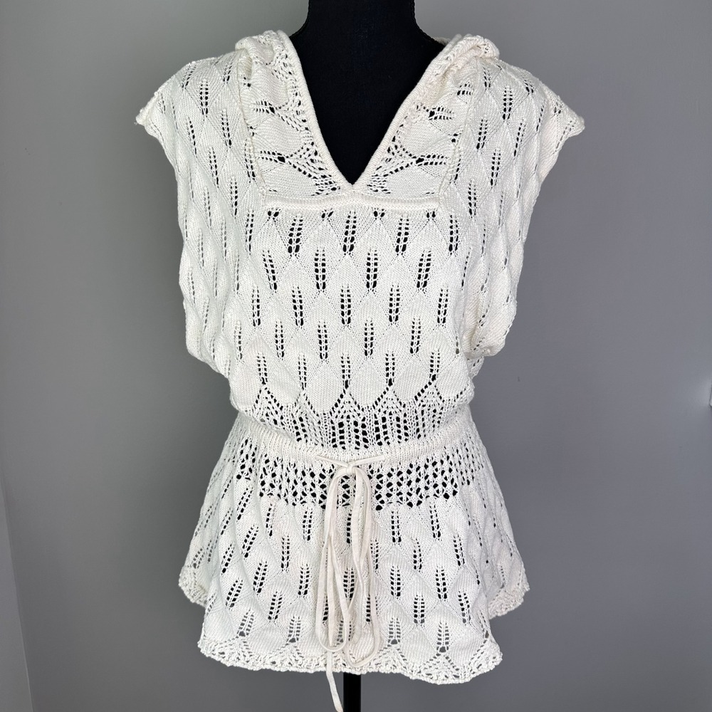 Anthropologie‎ Moth Sweater Vest Small Ivory Knit Hooded Tunic Boho Cottagecore